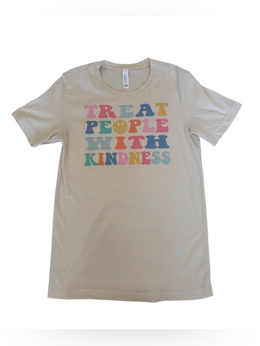 Canvas Cream Treat People With Kindness Multi Color Graphic Tee Top Size Small
